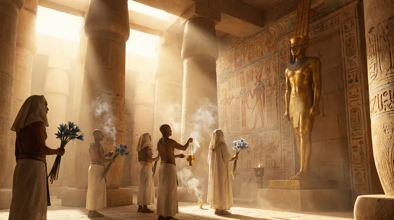 Posvátné rituály s modrým lotosem v egyptském chrámu