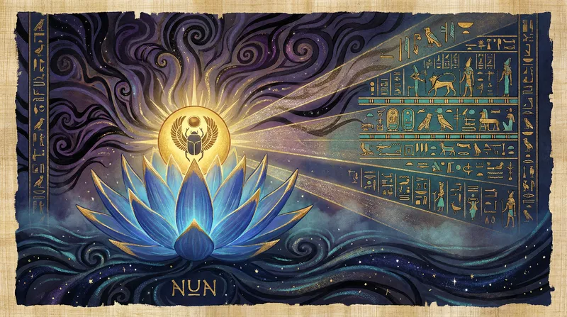 Stvoření světa - modrý lotos vynářející se z prvotních vod